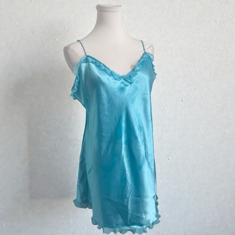Vintage Turquoise Satin Mini Slip – Y2K Fairycore Ruffle Dress XL